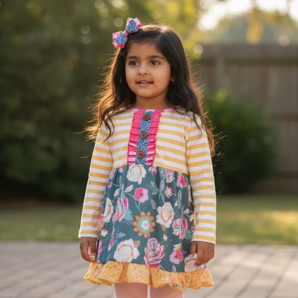 Floral and Striped Long Sleeve Dress for Kids mixed patterns